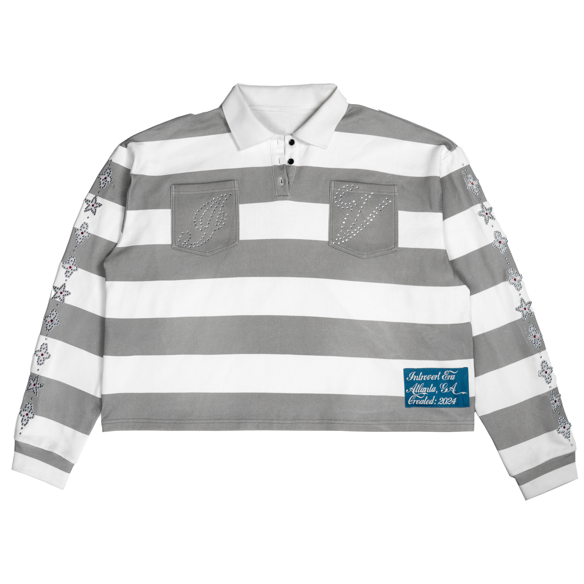 GRAY STRIPED RHINESTONE RUBGY LONGSLEEVE